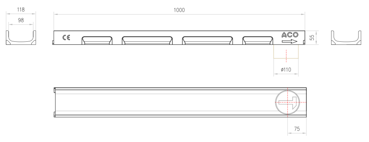 Esquema técnico del conjunto de canal SELF 100 L1000 H55 en hormigon polímero con premarca para salida vertical DN/OD 110 sin reja
