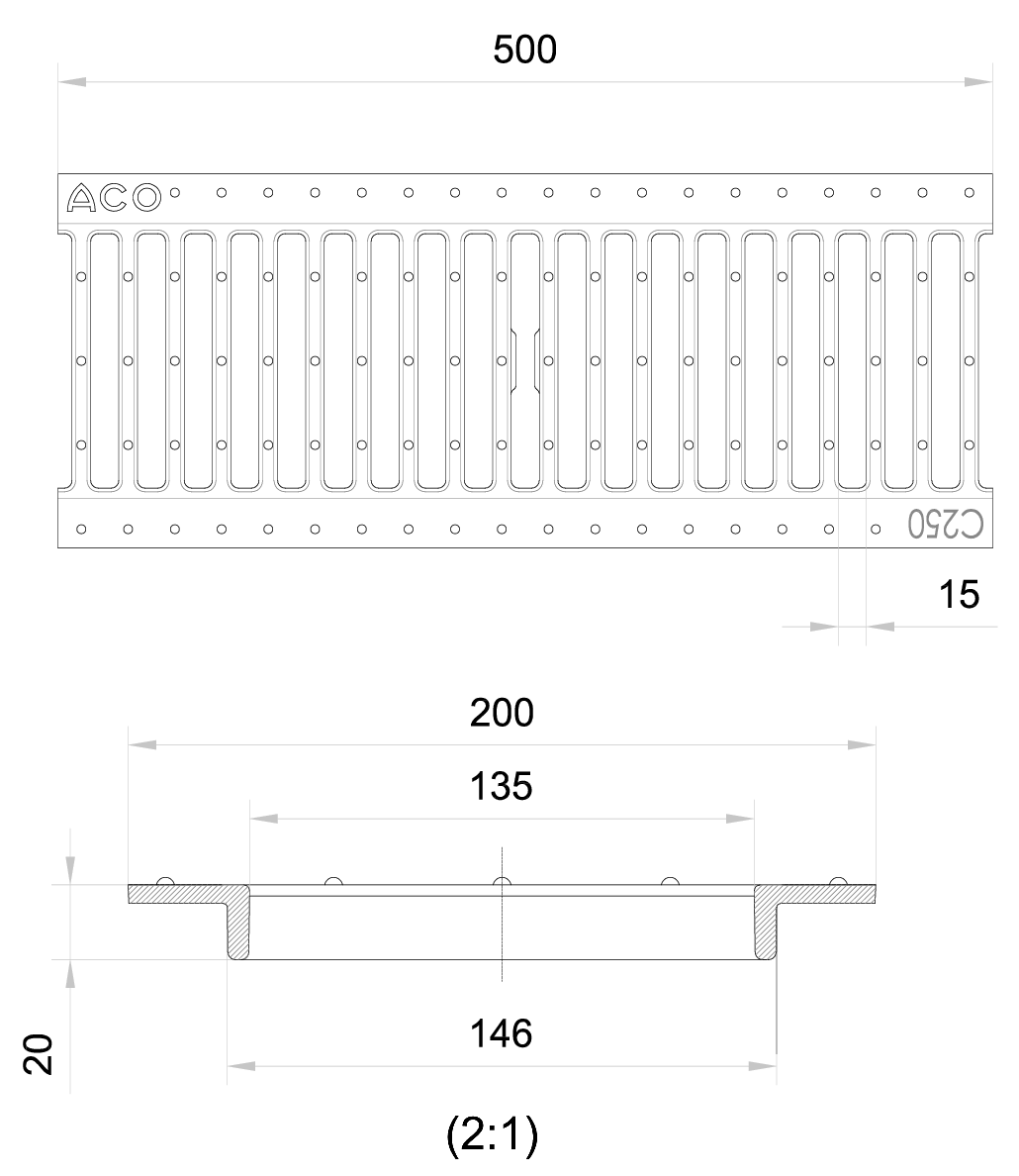 Esquema técnico da grelha para canal N 150/SELF 200, grelha passarela em fundição da dimensões L500 A200 H20 com sistema de fixação por clavilha, classe de carga C250.