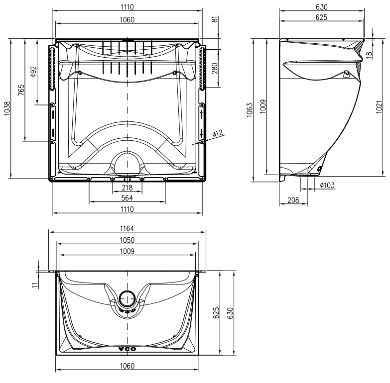 Esquema técnico del cuerpo de tragaluz THERM de dimensiones exteriores T630 L1164 H1063.