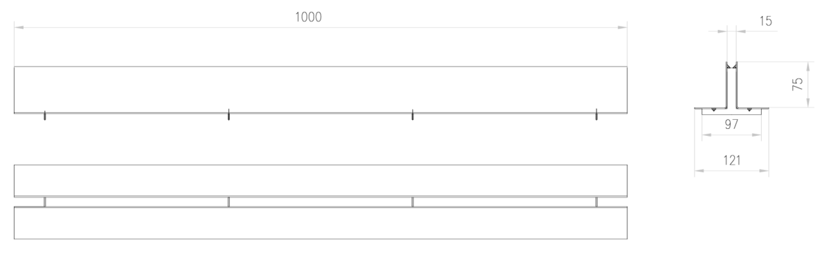 Esquema técnico de la reja para canal SELF 100, reja brickslot T H75 en acero galvanizado de dimensiones L1000 A121 H15 sin sistema de fijación, clase de carga C250.