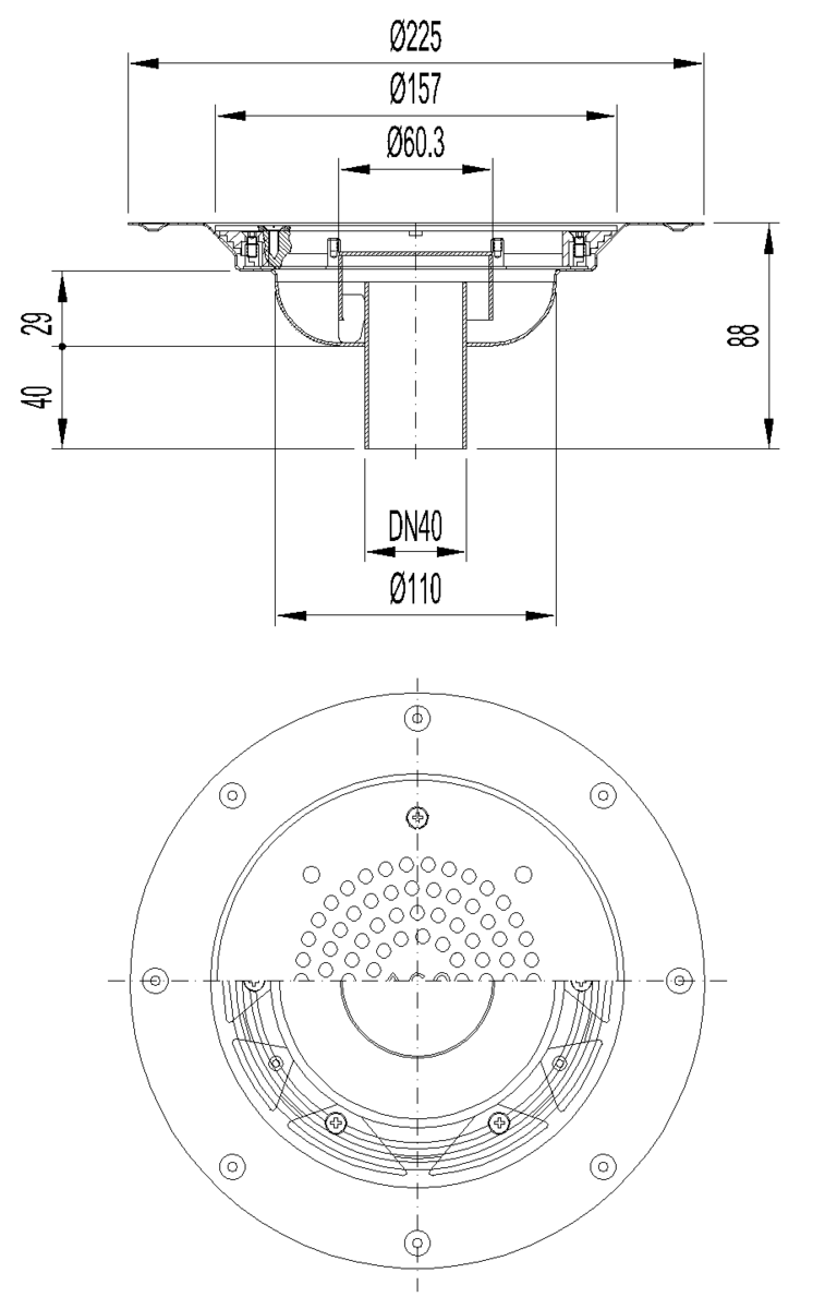 Esquema técnico del sumidero EG150 FIJO, fabricado en acero inoxidable AISI304, de dimensiones Ø157 H42 con marco para clipaje de tela, salida vertical DN40, con sifón, con reja perforada con fijación clase de carga K3.