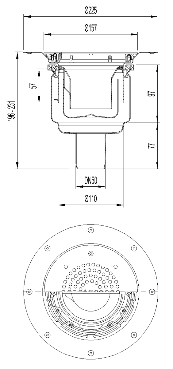 Esquema técnico del sumidero EG150 TELESCOPICO, fabricado en acero inoxidable AISI304, de dimensiones Ø225 H196 con marco para clipaje de tela, salida vertical DN50, con sifón, con reja perforada con fijación clase de carga K3.