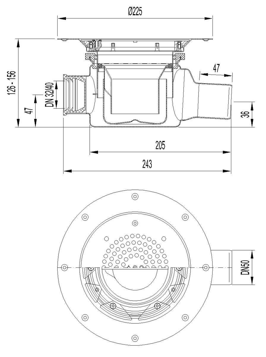 Esquema técnico del sumidero EG150 TELESCOPICO, fabricado en acero inoxidable AISI304, de dimensiones Ø225 H127 con marco para clipaje de tela, salida horizontal DN50, 3 entradas DN32/40, con sifón, con reja perforada con fijación clase de carga K3.