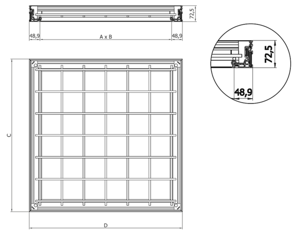 Esquema técnico de la tapa TOPTEK RE 1.0 no asistida de medidas exteriores 500x500mm y altura 72.5, clase de carga M125