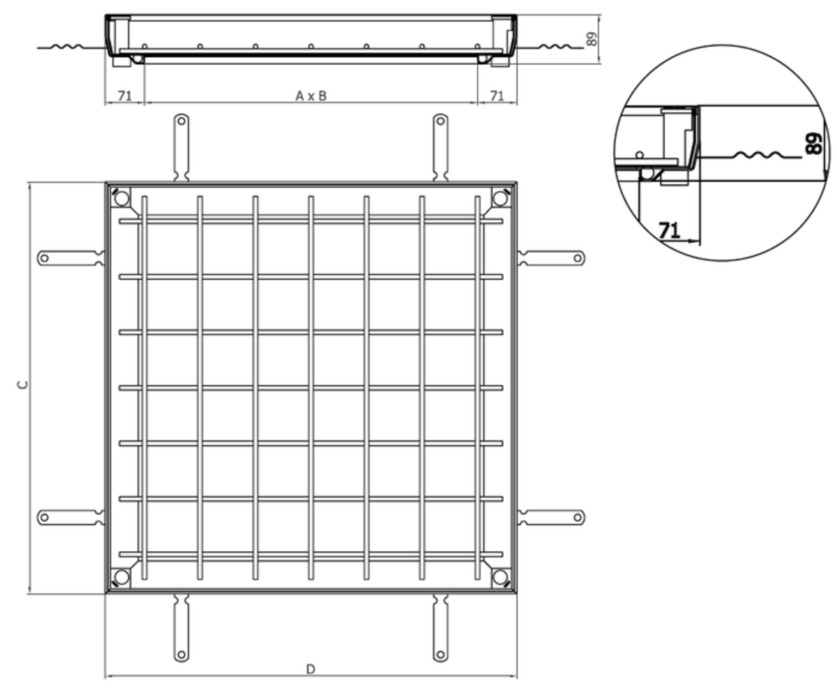 Esquema técnico de la tapa TOPTEK RE 1.0 no asistida de medidas exteriores 500x500mm y altura 50, clase de carga L15