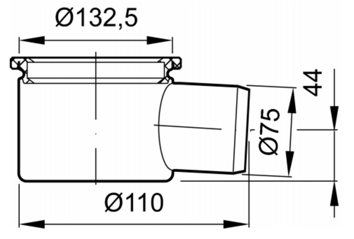 Esquema técnico do corpo de ralo industrial EG150, fabricado em acero inoxidável AISI304, de dimensões Ø133 H105 fundo Ø110, sem aro, saída horizontal DN75.