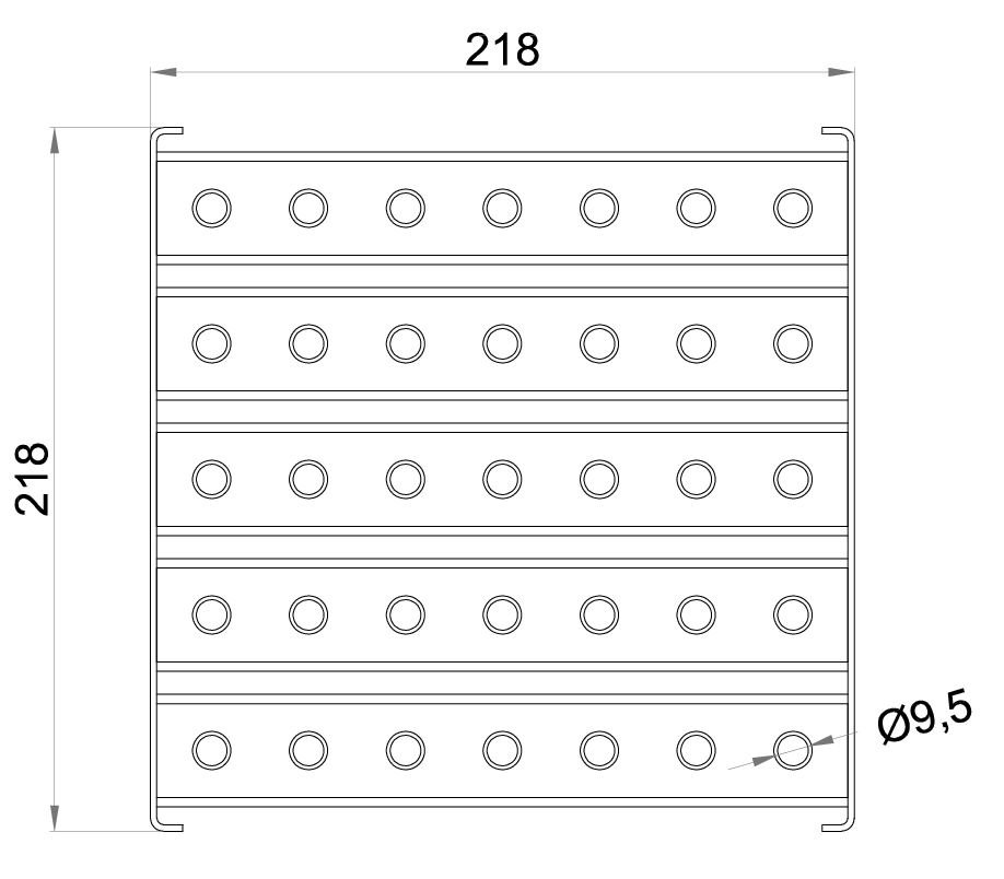 Esquema técnico de la reja para sumidero EG, reja multislot 5 en acero inoxidable AISI304 de dimensiones L218 A218 H30 sin sistema de fijación, clase de carga L15.