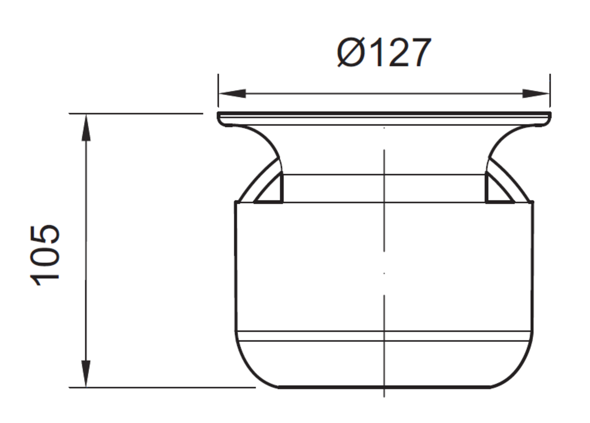 Esquema técnico del sifón en acero inoxidable AISI304, de Ø127 H105, altura de agua de Ha50 para sumideros EG con fondo Ø157.