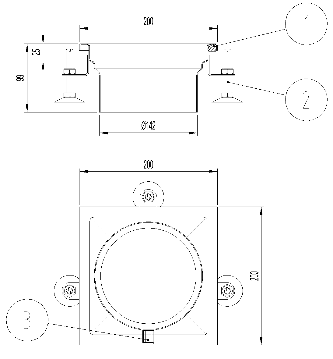 Esquema técnico del cuerpo sumidero industrial EG TELESCOPICO, fabricado en acero inoxidable AISI304, de dimensiones L200 A200 H99 fondo Ø142.