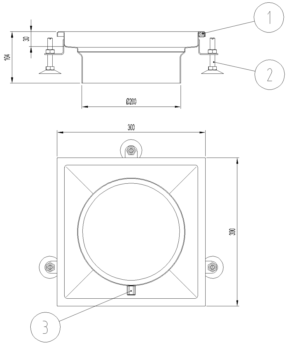 Esquema técnico del cuerpo sumidero industrial EG TELESCOPICO, fabricado en acero inoxidable AISI304, de dimensiones L300 A300 H104 fondo Ø200.