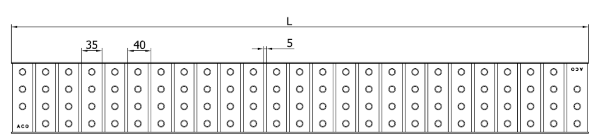 Esquema técnico da grelha para canal Modular 125, grelha multislot 5 em aço inoxidável AISI304 da dimensões L1000 A125 H20 sem sistema de fixação, classe de carga A15.