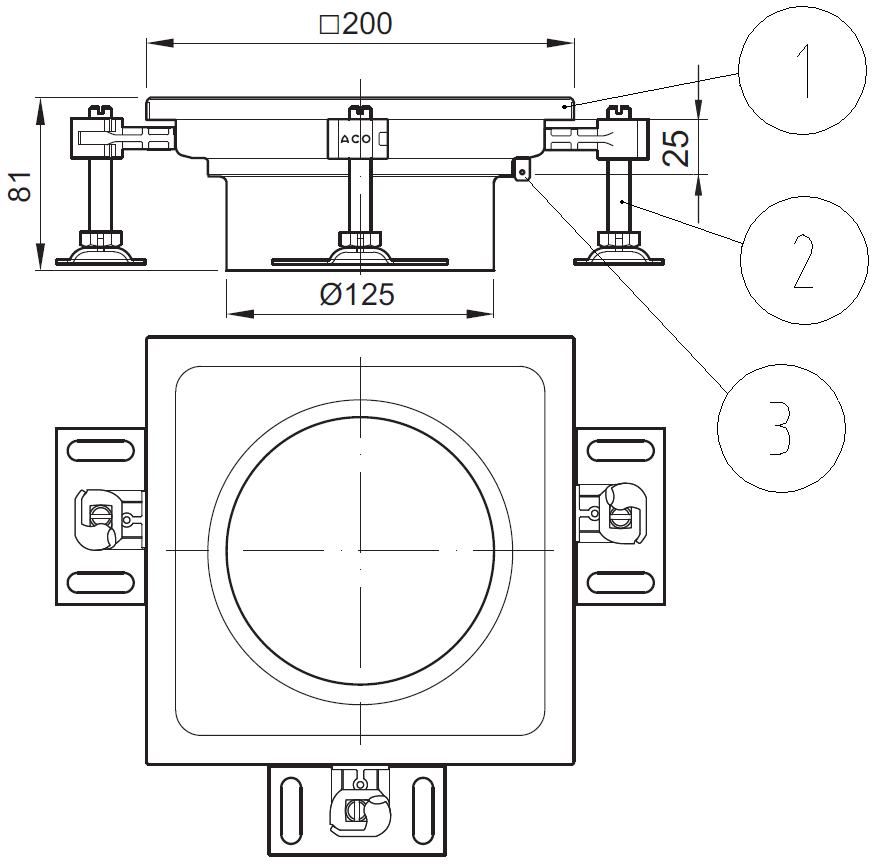 Esquema técnico del cuerpo sumidero industrial EG TELESCOPICO, fabricado en acero inoxidable AISI304, de dimensiones L200 A200 H81 fondo Ø125.