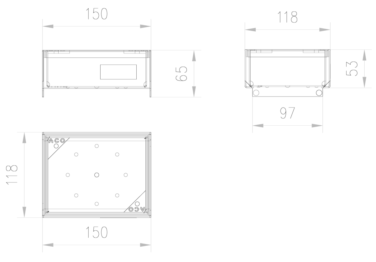 Esquema técnico da grelha de inspecção para canal SELF 100, grelha brickslot L H40 em aço galvanizado da dimensões L150 A118 H13 sem sistema de fixação, classe de carga B125.