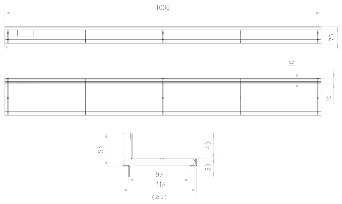 Esquema técnico da grelha para canal SELF 100, grelha brickslot L H40 em aço inoxidável AISI304 da dimensões L1000 A118 H13 sem sistema de fixação, classe de carga B125.