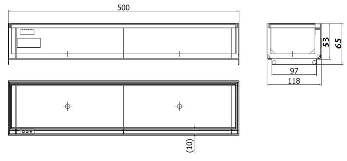 Esquema técnico de la reja de inspección para canal SELF 100, reja brickslot L H40 en acero inoxidable AISI304 de dimensiones L500 A118 H13 sin sistema de fijación, clase de carga B125.