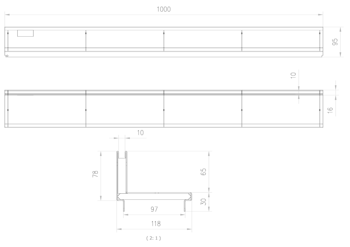 Esquema técnico da grelha para canal SELF 100, grelha brickslot L H65 em aço galvanizado da dimensões L1000 A118 H13 sem sistema de fixação, classe de carga B125.