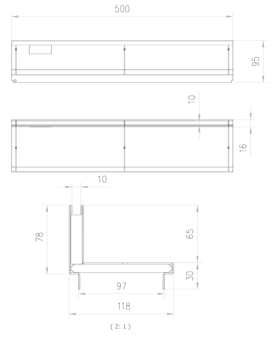 Esquema técnico da grelha para canal SELF 100, grelha brickslot L H65 em aço galvanizado da dimensões L500 A118 H13 sem sistema de fixação, classe de carga B125.