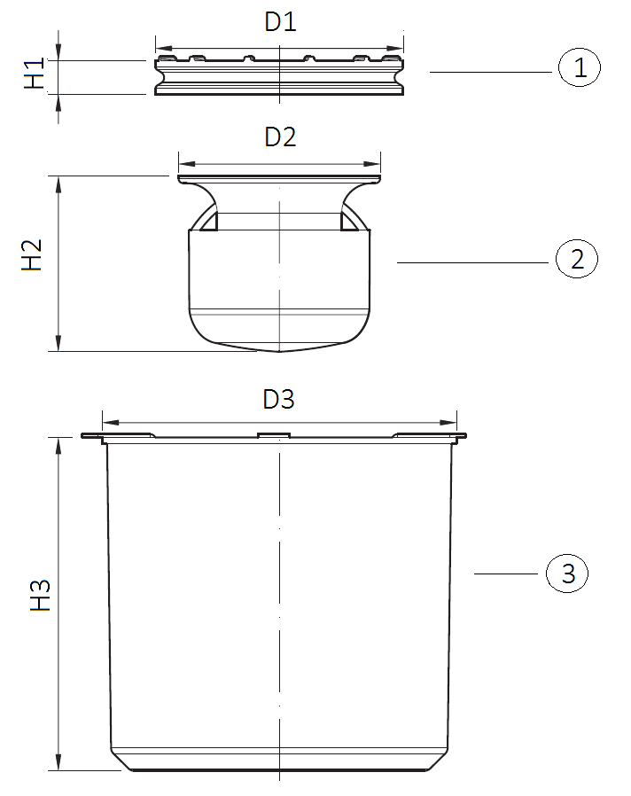 Esquema técnico del kit cortafuegos con sifón Ø127 H111, soporte de sifón Ø156 H22 y cajón Ø223 H210. Para sumideros EG con fondo Ø156 y salida vertical DN75.