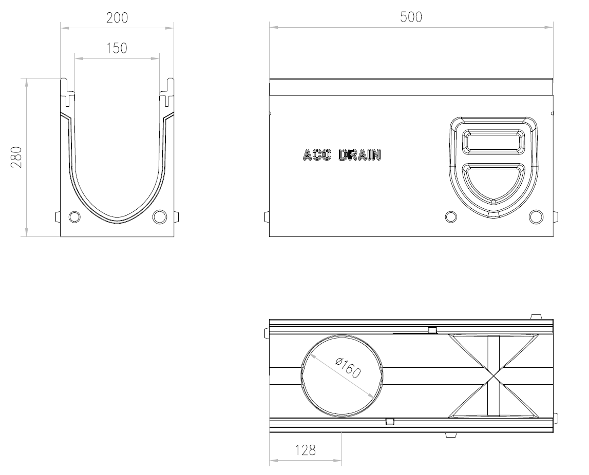 Esquema técnico del canal registro MONOBLOCK PD150V 0.2 L500 H280 de hormigón polímero con reja pasarela de fundicón D400, sistema de fijación Drainlock, preformas laterales rompibles L-T-X y junta labiolaberíntica