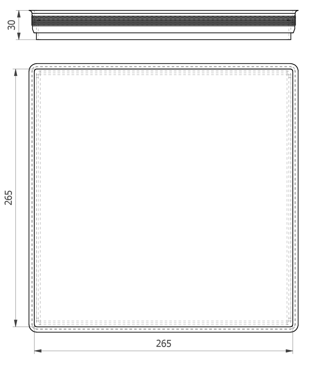 Esquema técnico de la reja para sumidero EG, reja estanca en acero inoxidable AISI316 de dimensiones L265 A265 H30 sin sistema de fijación, clase de carga R50.