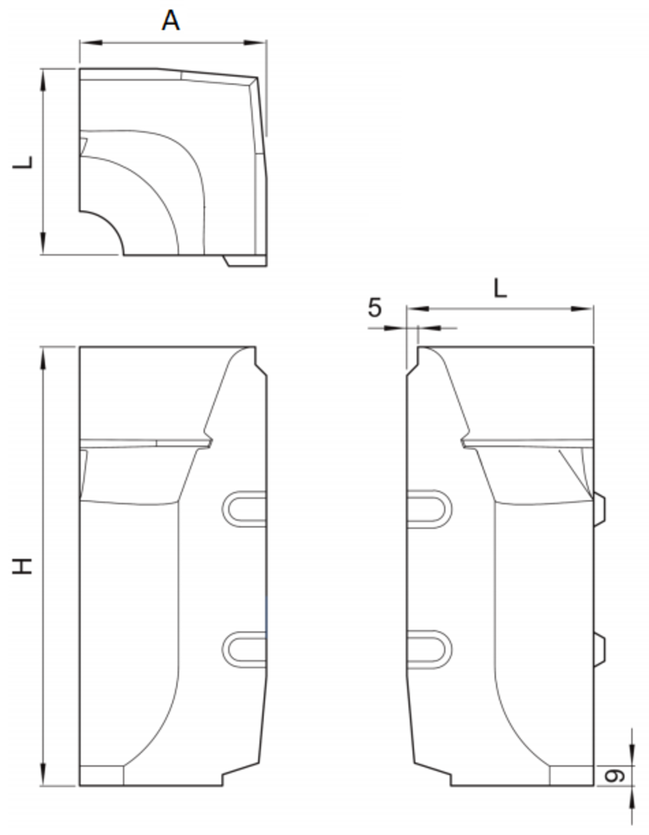Esquema técnico del zócalo de protección KERB PB SLOT, pieza para esquina interior de L85X85 H200 en hormigón polímero