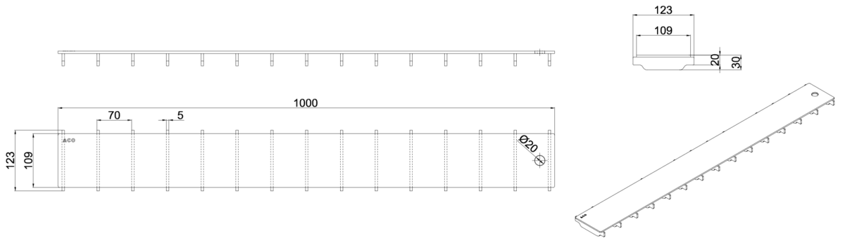 Esquema técnico de la reja para canal Modular 125, reja ranurada en acero inoxidable AISI316 de dimensiones L1000 A125 H20/30 sin sistema de fijación, clase de carga C250.