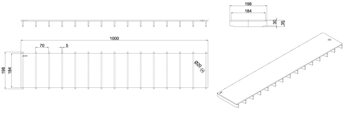 Esquema técnico de la reja para canal Modular 200, reja ranurada en acero inoxidable AISI316 de dimensiones L1000 A198 H30/35 sin sistema de fijación, clase de carga B125.