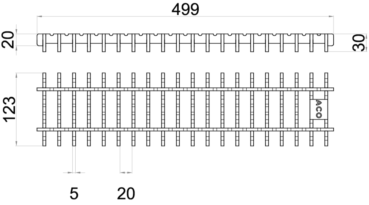 Esquema técnico da grelha para canal Modular 125, grelha frameless em aço inoxidável AISI304 da dimensões L500 A125 H20/30 sem sistema de fixação, classe de carga C250.