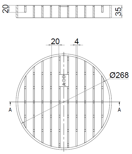 Esquema técnico de la reja de barras antideslizantes para sumidero EG