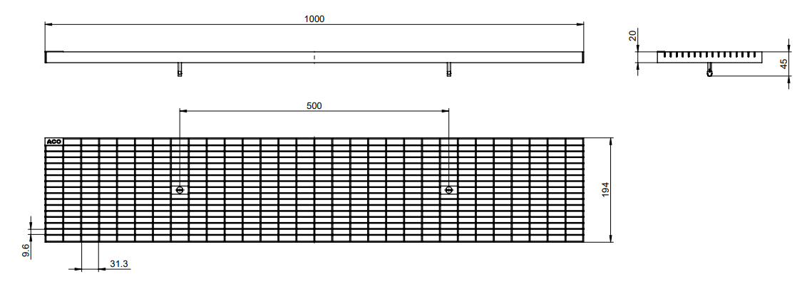 Esquema técnico da grelha para canal PROFILINE/ROOFLINE, grelha entramada em aço galvanizado da dimensões L1000 A200 H20 com sistema de fixação, classe de carga pedonal.