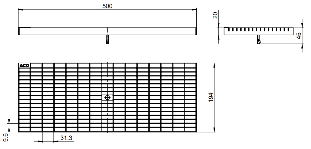 Esquema técnico da grelha para canal PROFILINE/ROOFLINE, grelha entramada em aço galvanizado da dimensões L500 A200 H20 com sistema de fixação, classe de carga pedonal.