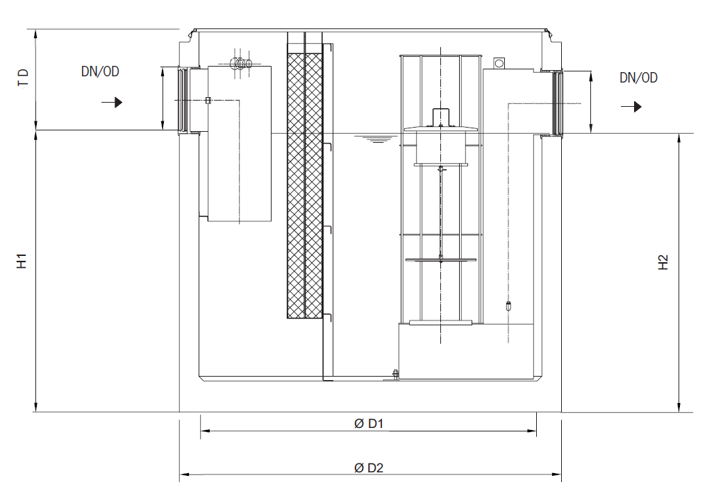 Esquema técnico del separador de hidrocarburos enterrado OLEOPATOR-C NST NS65 de hormigón armado, de dimensiónes Ø2440 H2055 DN315.