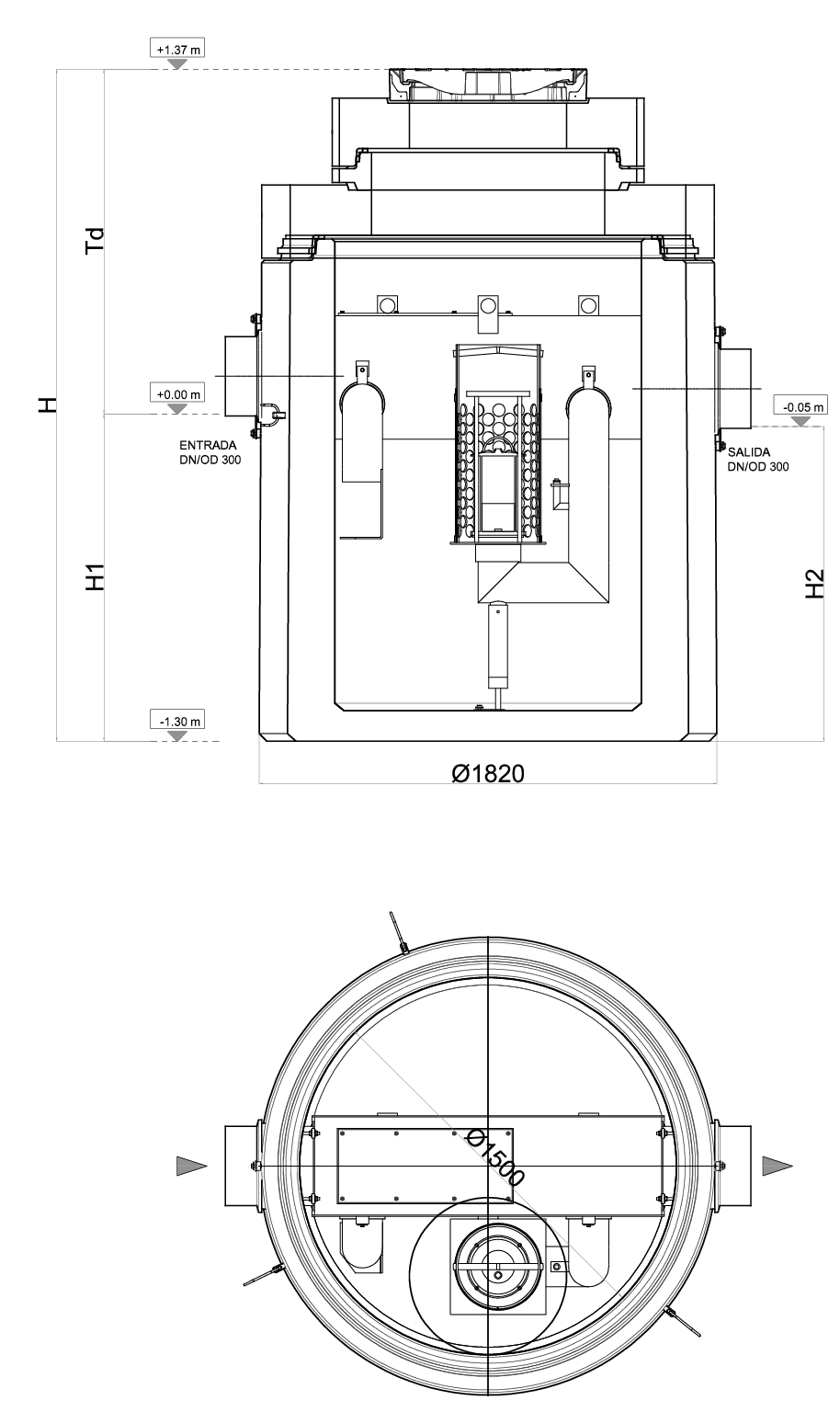 Esquema técnico Oleopass NS8/80/1200 con tapa A2