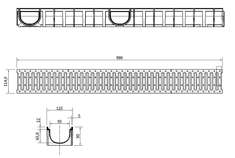 Esquema conjunto canal Easyline 100 HDPE H90 L1000mm com grelha passarela A15 HDPE