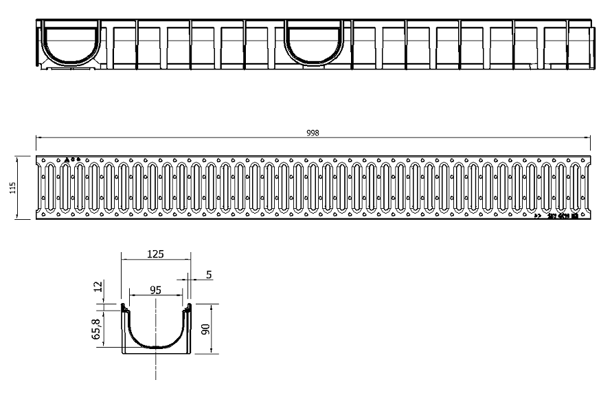 Esquema conjunto canal Easyline 100 HDPE H90 L1000mm com grelha passarela A15 aço