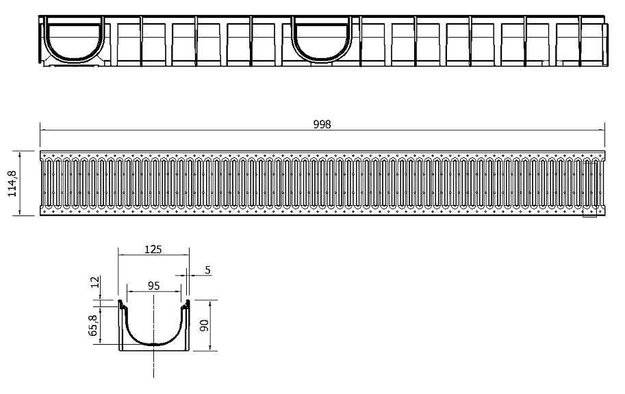 Esquema conjunto canal Easyline 100 HDPE H90 L1000mm con reja pasarela A15 acero SLIM