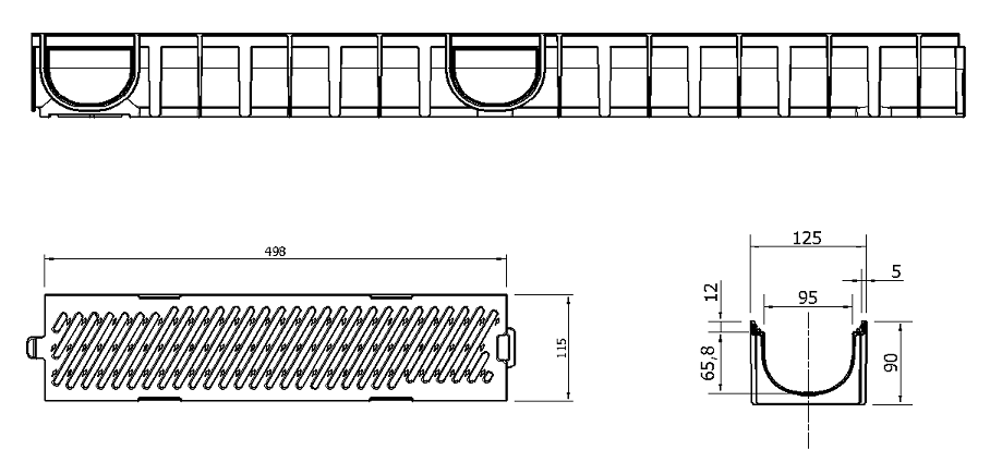 Esquema conjunto canal Easyline 100 HDPE H90 L1000mm com grelha passarela B125 fundição