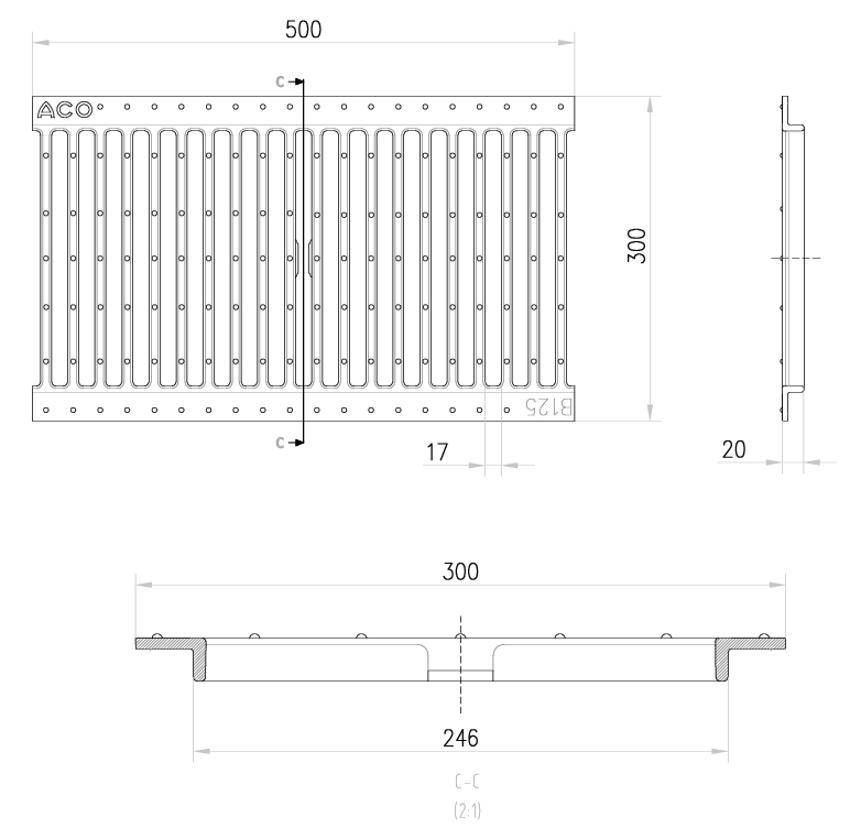 Esquema técnico de la reja para canal SELF 300, reja pasarela en fundición de dimensiones L500 A300 H25 con sistema de fijación por clavija, clase de carga B125.