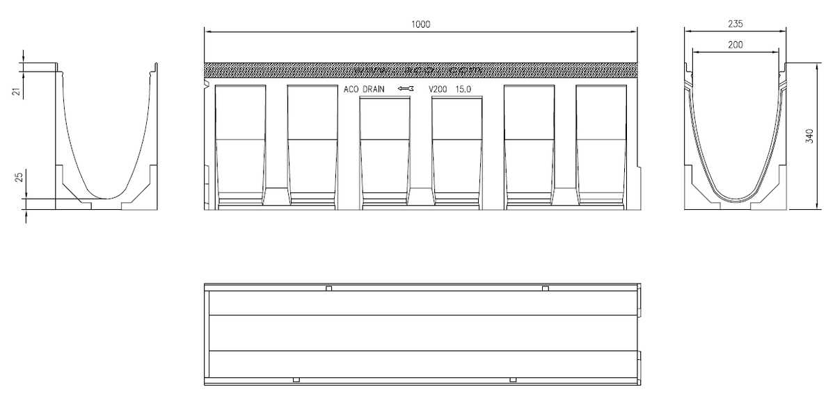 Esquema técnico del canal MULTIDRAIN 200 15.0 L1000 H340 de hormigón polímero sin reja, sistema de fijación Drainlock