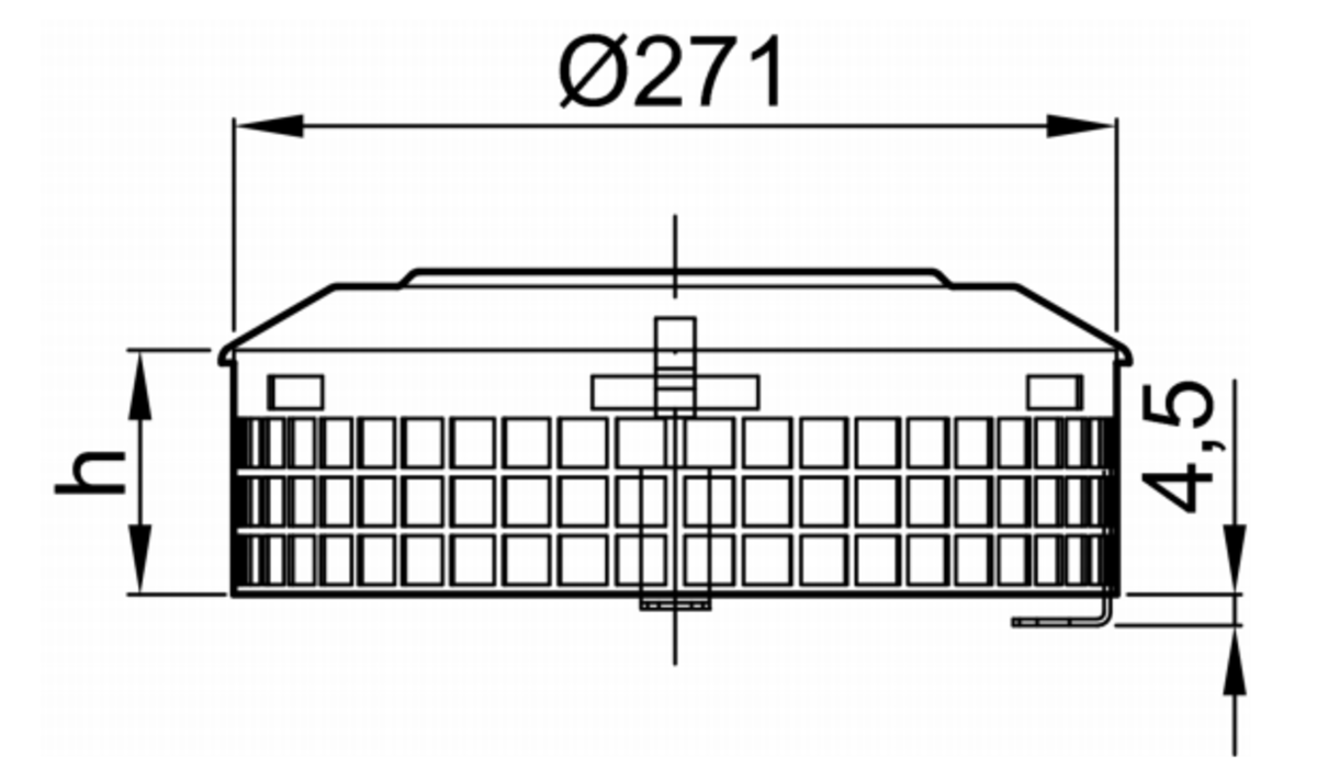 Esquema técnico de la reja para sumidero GRAVITY, reja paragravilla en acero inoxidable AISI304, de dimensiones Ø271 H75 sin sistema de fijación, clase de carga H1,5.