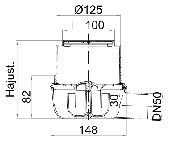 Esquema 2D del conjunto ACO Easyflow 25050577 compuesto por el cuerpo y reja 25007711 y el fondo 25050500.