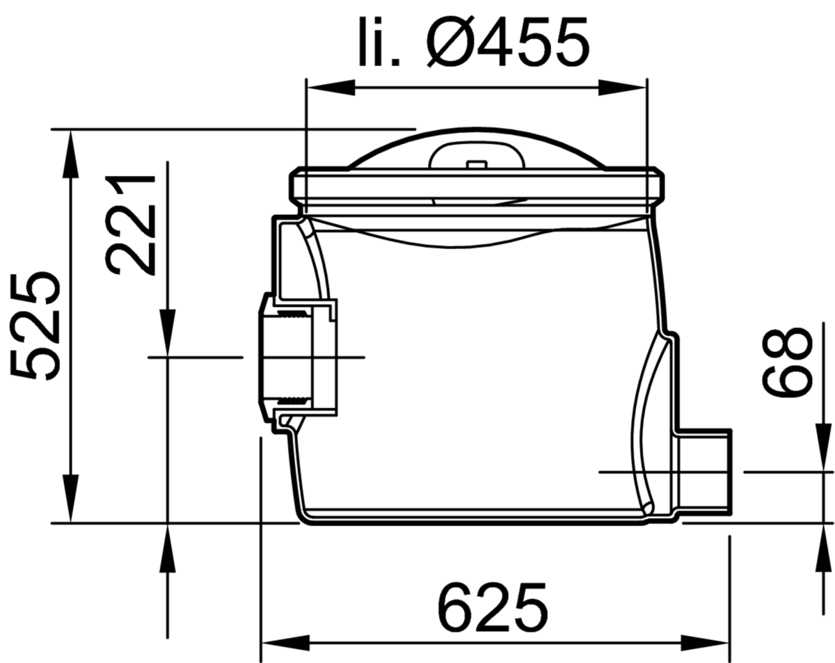 Esquema técnico do câmara para recolha de amostras com ligação DN100 e saida horizontal, realizado em polietileno de alta denisdade (HDPE). De dimensões Ø455 H525.