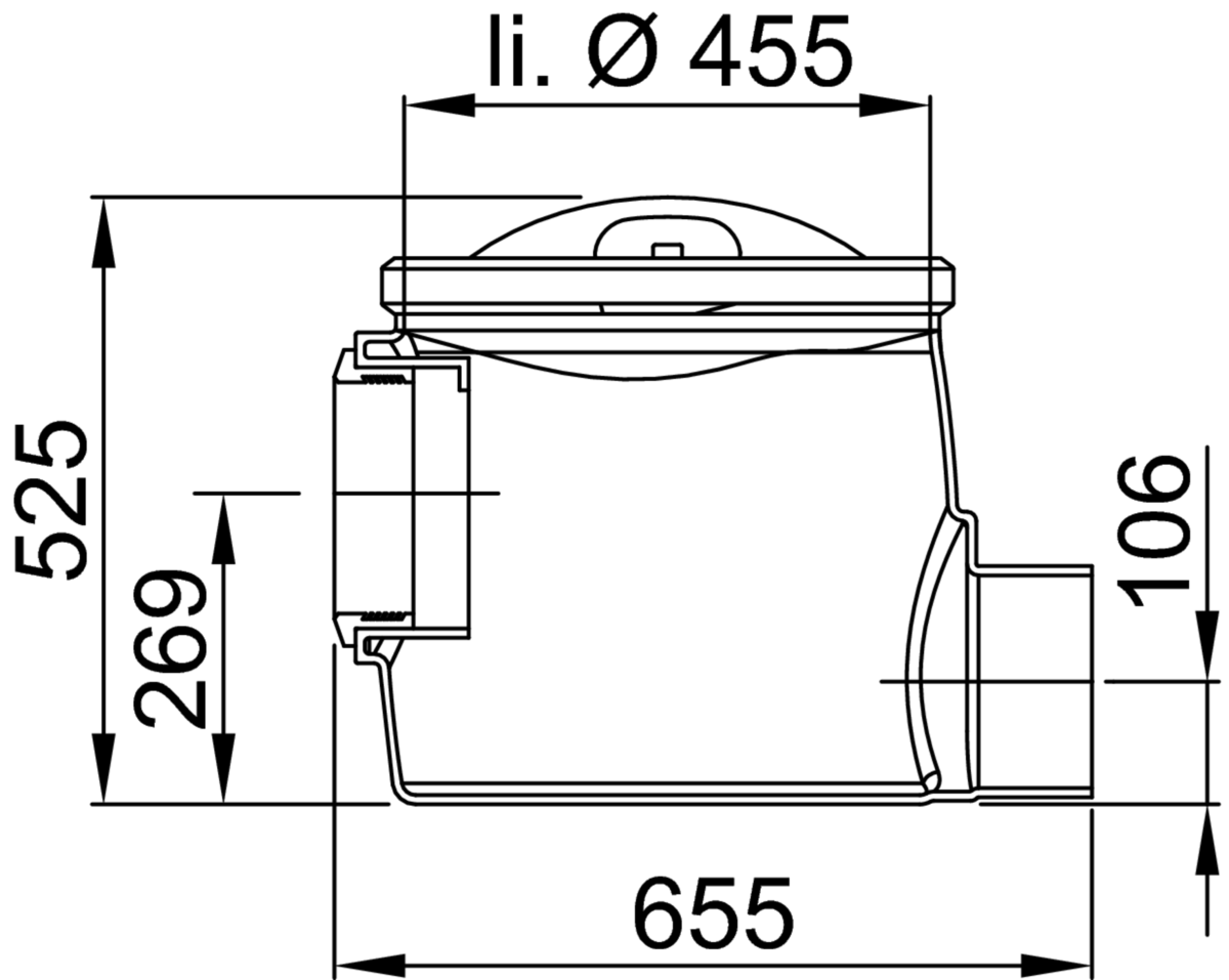 Esquema técnico de la cámara para toma de muestras con conexión DN200 y salida horizontal, fabricado en polietileno de alta denisdad (HDPE). De dimensiones Ø455 H525.