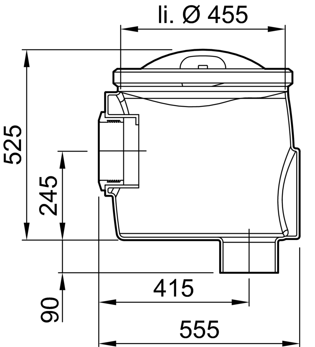 Esquema técnico de la cámara para toma de muestras con conexión DN150 y salida vertical, fabricado en polietileno de alta denisdad (HDPE). De dimensiones Ø455 H525.