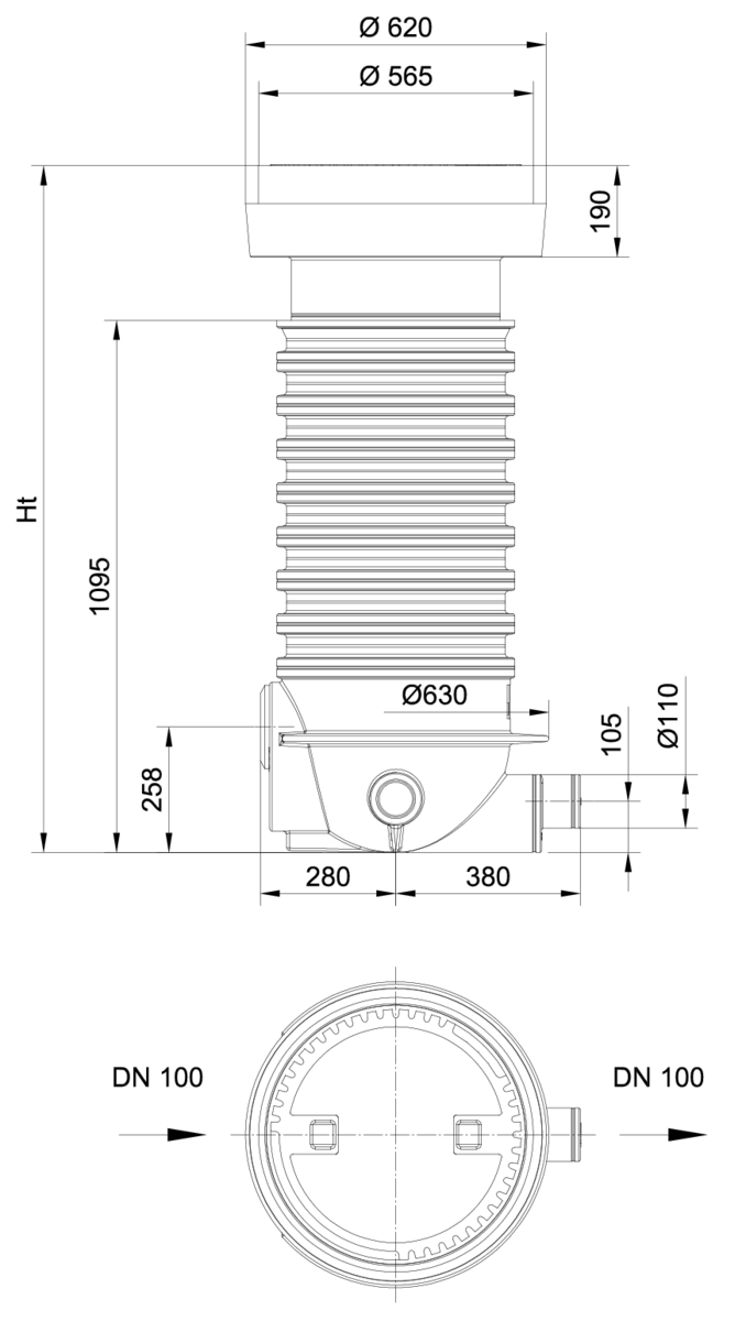 Esquema técnico de la arqueta para toma de muestras con conexión Ø110 y gradiente de 33mm, fabricado en polietileno de alta densidad (HDPE). De dimensiones Ø630 H1413, con tapa de Ø450 clase de carga D400.