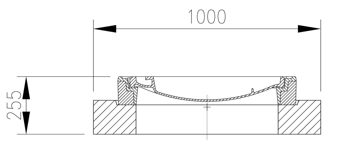 Esquema técnico del la tapa fija para separador de grasas. Incluye 1 tapa de fundición Ø600 B125 y marco en horigmón de dimensiónes Ø1000 H255.