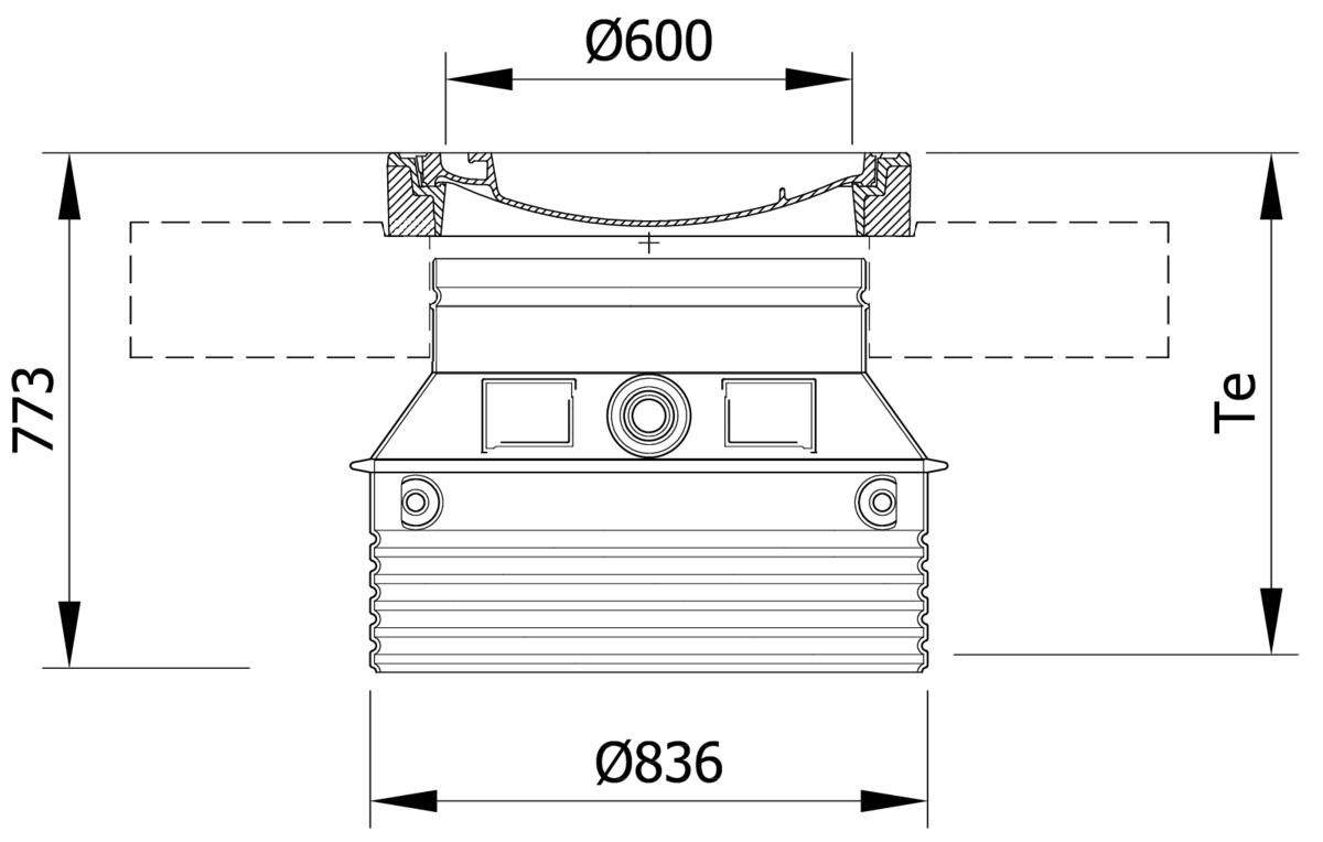 Esquema técnico del la tapa ajustable para separador de grasas. Incluye 1 tapa de fundición Ø600 D400 y realce de polipropileno de alta densidad (HDPE) gris de Ø836 H774 requiere losa de distribución.