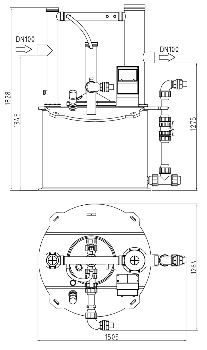 Esquema técnico del separador de grasas aéreo LIPATOR-P-RM NS2/4 de polietileno de alta densidad (HDPE), de dimensiónes L1505 A1264 H1828 DN100.