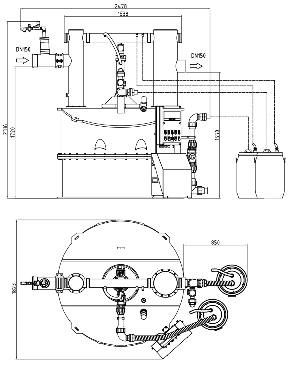 Esquema técnico del separador de grasas aéreo LIPATOR-P-RA NS10 de polietileno de alta densidad (HDPE), de dimensiónes L2478 A1823 H2316 DN150.