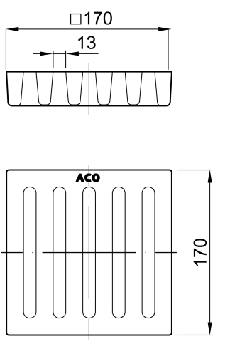 Esquema técnico de la reja pasarela en fundición de dimensiones 170x170mm clase de carga M125 para sumideros COMPACT.